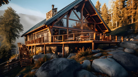 Wooden house in the mountains in the morning light. Beautiful mountain landscape.の素材