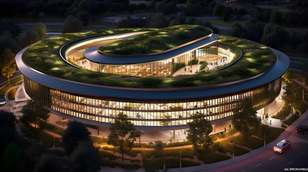 A 3d render of a modern office building surrounded by greeneryの素材