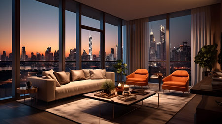 Modern living room interior with a panoramic view of the city. 3D renderingの素材