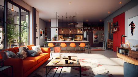 Modern living room interior design with orange sofa and coffee table. 3d renderingの素材