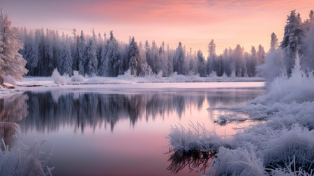 Beautiful winter landscape with frozen lake and forest in pink and purple colorsの素材