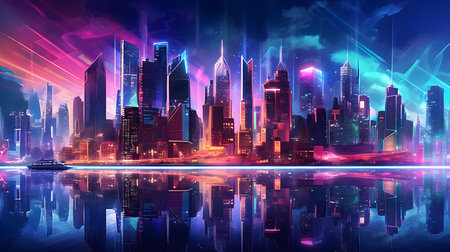 Futuristic city at night. Futuristic cityscape. Vector illustration.の素材