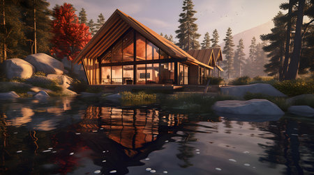3D render of a fantasy wooden house in the forest with lakeの素材