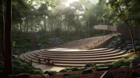 3D render of an empty stage in a forest with trees in the backgroundの素材