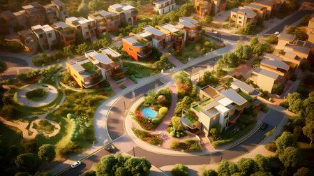 3d render of a city with houses, roads and trees.の素材