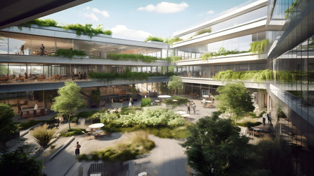 Modern office building with green trees and people in motion blur effect.の素材