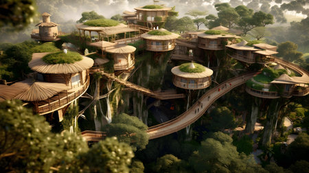 3D rendering of a fantasy landscape with a bridge over the riverの素材