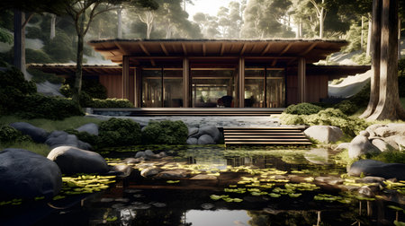 3D rendering of a Japanese garden with a wooden house and a pondの素材