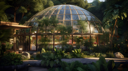 3d rendering of a beautiful tropical garden with a glass dome.の素材