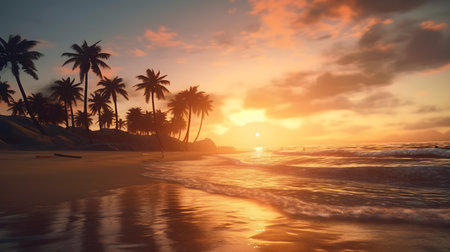 Beautiful sunset over the ocean with palm trees on the beach.の素材