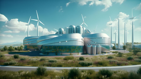 Power plants and wind turbines on the road. 3D rendering.の素材