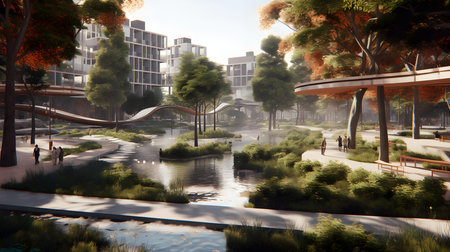 Foggy city park in the morning, 3d render.の素材