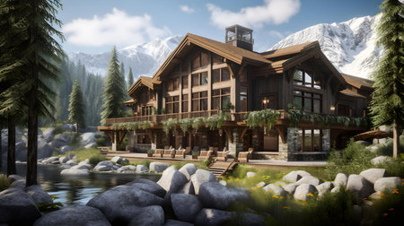 3d rendering of a chalet in the forest and mountainsの素材