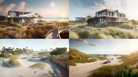 3d render of a house on the beach at sunset. collageの素材