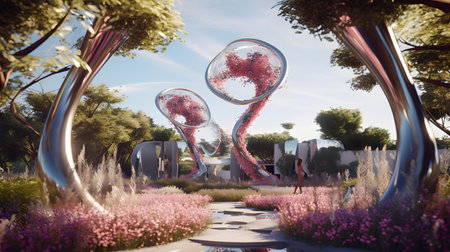 3d illustration of a woman walking in a flower garden in the morningの素材