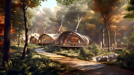 Wooden bridge in the autumn forest. 3d render illustration.の素材