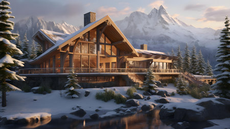 3d rendering of modern cozy chalet in snowy forest. Mountain range in background.の素材
