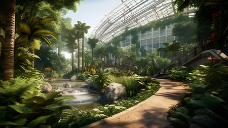 3D rendering of a beautiful botanical garden with a pond in the middleの素材