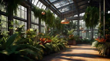 Interior of a botanic garden with plants in a greenhouse.の素材