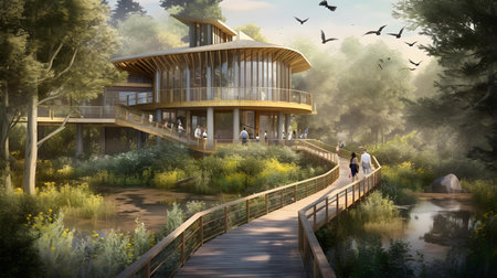 Wooden bridge over the river in the park, 3d renderの素材