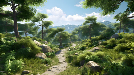 Beautiful green landscape with path in the forest. 3D renderingの素材