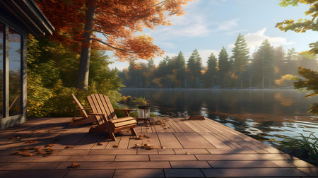 Wooden deck with chairs on the lake. 3D rendering.の素材