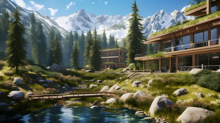 3d rendering of modern cozy chalet with pool and mountains viewの素材