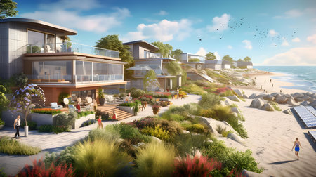 Modern villa with solar panels on the beach. 3d renderingの素材