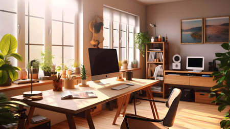 Modern office interior with furniture, computer and plants. 3d renderingの素材