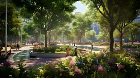 Luxury city park with fountain and flowers. 3d renderingの素材