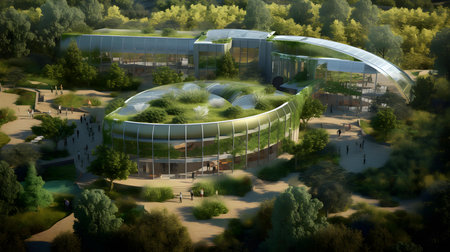 3D render of a futuristic building in a park with green vegetationの素材