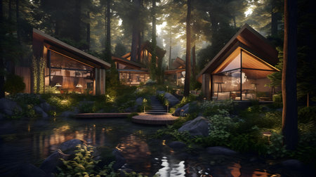 3D rendering of a fantasy house in a forest with a lakeの素材