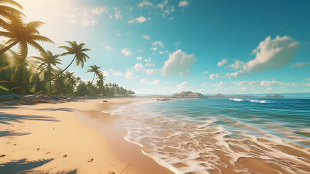 Tropical beach with palm trees. Seascape. 3d renderingの素材