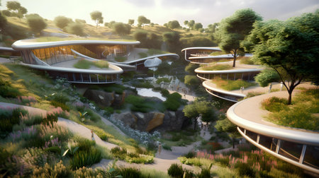 3D rendering of a futuristic park with trees and plants in the backgroundの素材