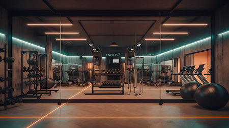 Interior of modern gym with equipment, 3d rendering toned imageの素材