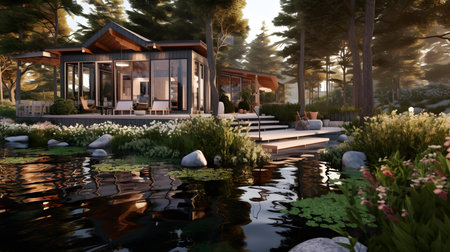 3d rendering of modern cozy chalet in the garden.の素材