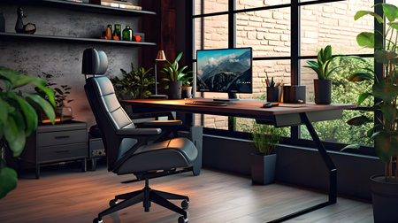 Workplace in the office, 3d render. Computer, laptop and plant on the table.の素材