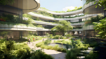 Modern office building with beautiful green plants and people walking in the parkの素材