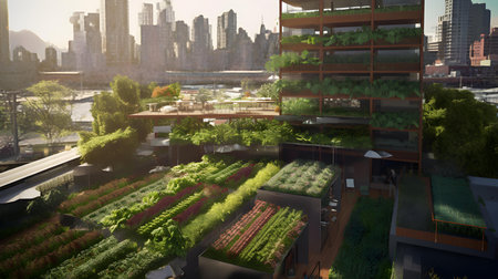 3d illustration of a modern city with skyscrapers and green plantsの素材