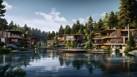 Luxury villas on a lake in the mountains. Summer landscapeの素材