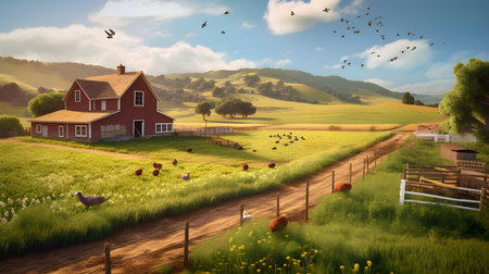 Countryside landscape with farm buildings and cows. Digital painting illustration.の素材