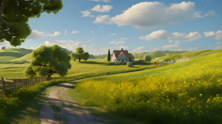 Countryside landscape with farm house in the middle of a green fieldの素材