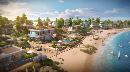 3D rendering of a beach in the city with a sea viewの素材
