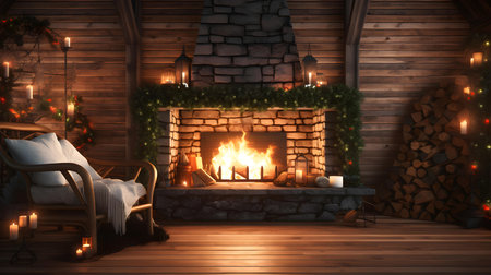 3d render of a cozy room with fireplace and christmas treeの素材