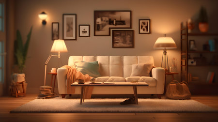 Comfortable sofa in the living room at night. 3d renderingの素材