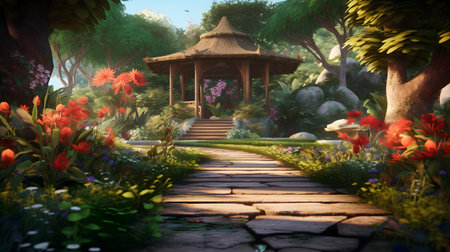 Gazebo in the garden, 3d rendering. Computer digital drawing.の素材