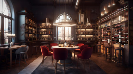 Wine tasting room interior with red chairs and tables. 3d renderingの素材