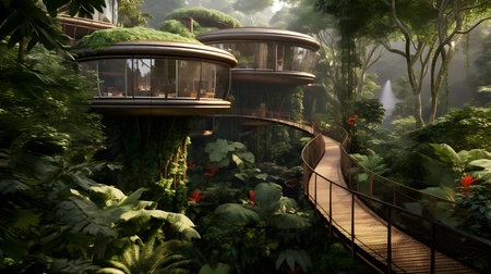 Tropical rainforest with wooden walkway and green plants.の素材