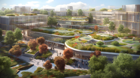 3D rendering of a modern city with green trees and skyscrapersの素材