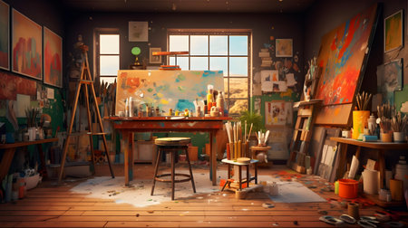 3d rendering of an artist's workshop with a lot of objectsの素材